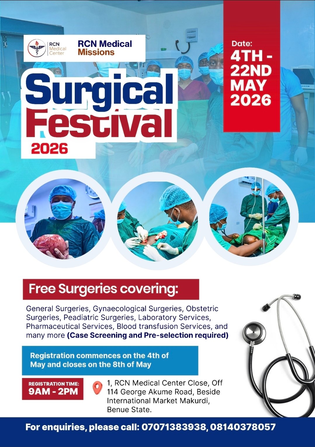 RCN SURGICAL FESTIVAL 2026 “GILGAL”: Restoring Health, Renewing Hope, and Demonstrating the Compassion of Christ Through Free Surgical Care